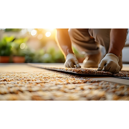 A close-up of a professional repairing a carpet, using tools to fix a section with visible damage.