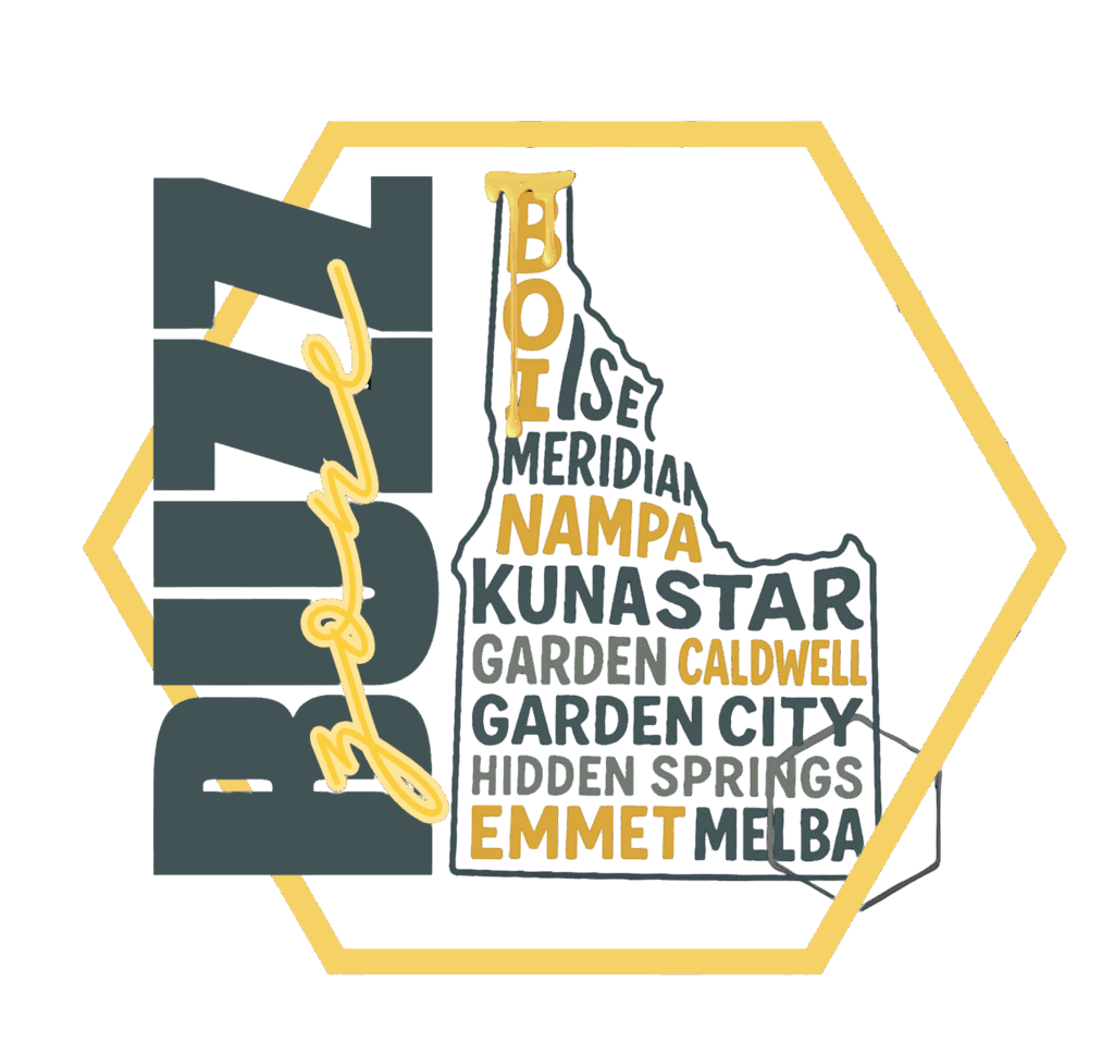 Hexagonal design featuring "BUZZ" in bold letters and an Idaho silhouette with city names like Boise, Nampa, and Caldwell. Colors are black, yellow, and gray.