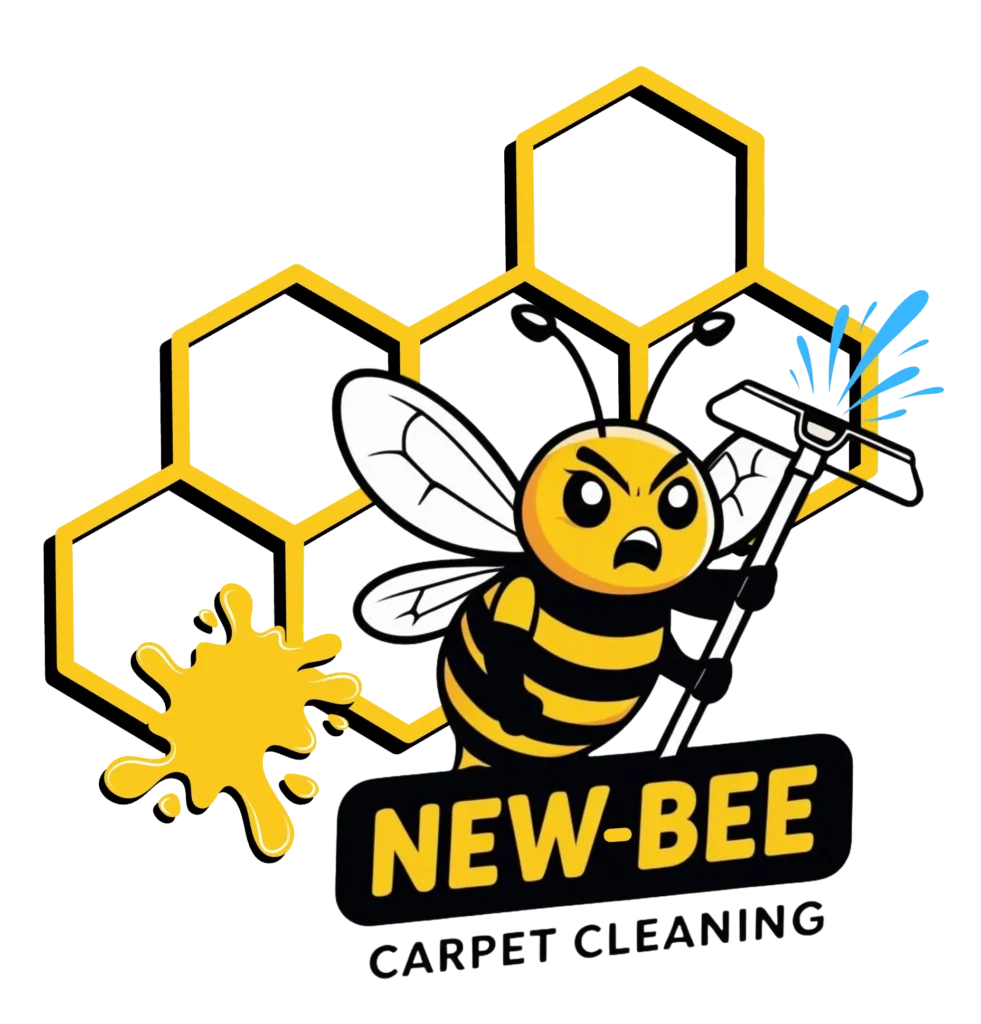 Cartoon bee with an angry expression cleans with a power nozzle, set against honeycomb shapes. Yellow text reads "NEW-BEE Carpet Cleaning." Vibrant and dynamic.
